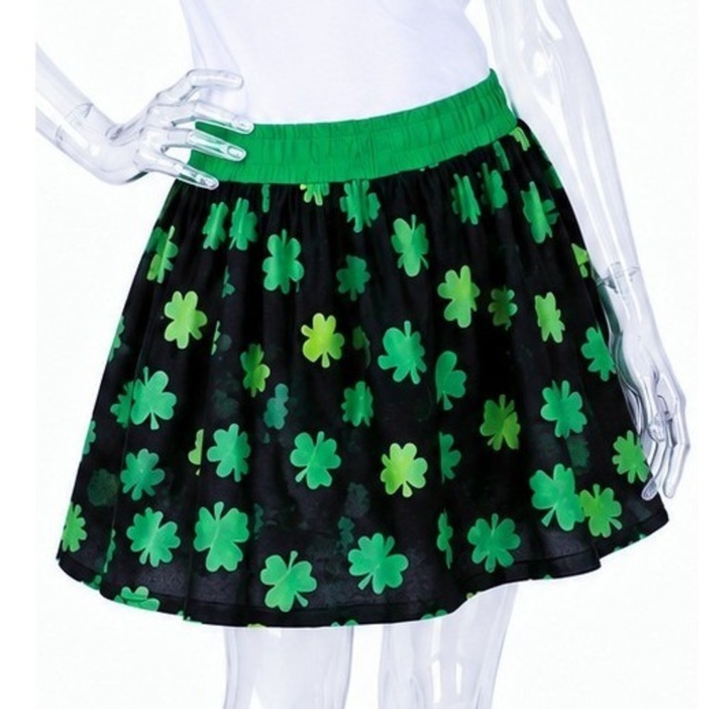 St. Patrick's Day‎ Shamrock Print Skater Skirt Green Black Elastic Waist SKUK078